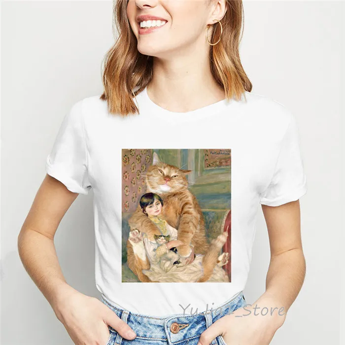 Ropa mujer Mona Lisa and her cat футболка с рисунком для женщин плюс размер vogue Забавные футболки femme летние топы женская футболка - Цвет: Y808122