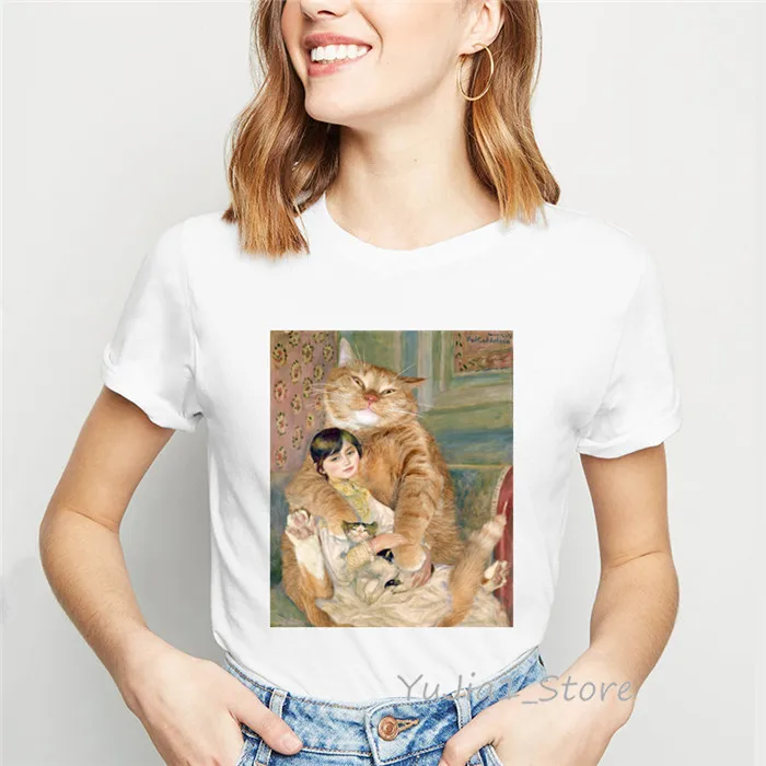 Y808122 Ropa mujer Mona Lisa and her cat футболка с рисунком для женщин плюс размер vogue Забавные футболки femme летние топы женская футболка - Цвет: Y808122