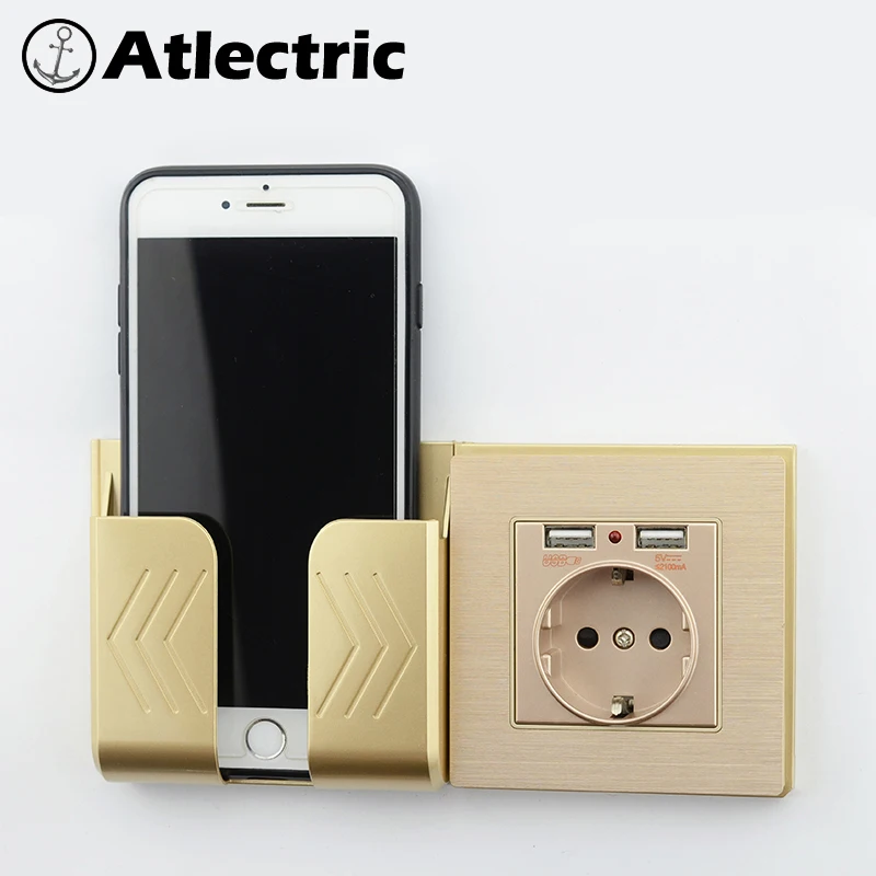 

Atlectric Gold Brushed Wall Power Socket Grounded 16A EU Standard Electrical Outlet With 2100mA Dual USB Charger Port for Mobile