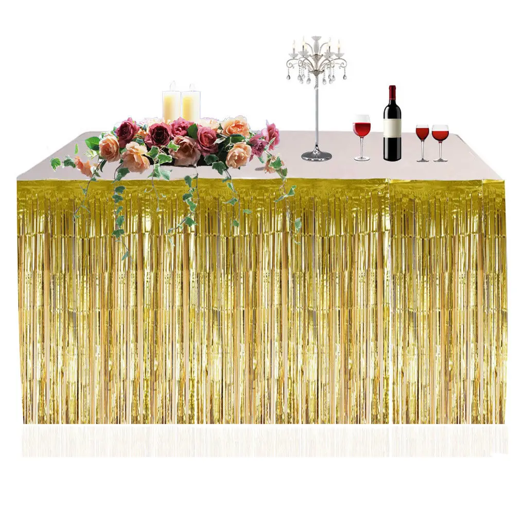 Shiny Tassel Fringe Table Skirt Foil Tinsel Tulle Tutu Tableware Baby Shower Party Wedding Decoration 274 x 74CM