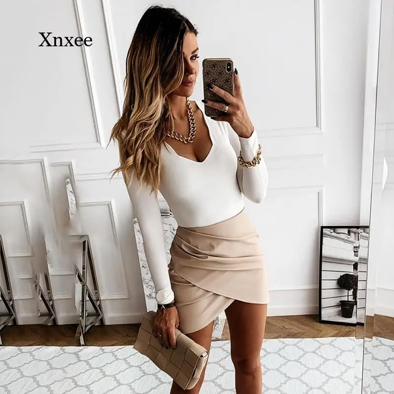 

2021 Autumn Fashion Black Apricot Pu Artificial Leather Irregular Pleated Tight Skirt Feminine Casual Street Party Skirt