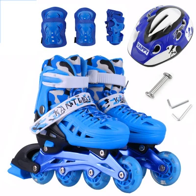 1 комплект, детский ролик для роликовых коньков, обувь, наколенники, защита для рук, шлем, регулируемые мигающие ПУ колеса, подростковые патины, 3 цвета - Цвет: Blue L EUR 34-41