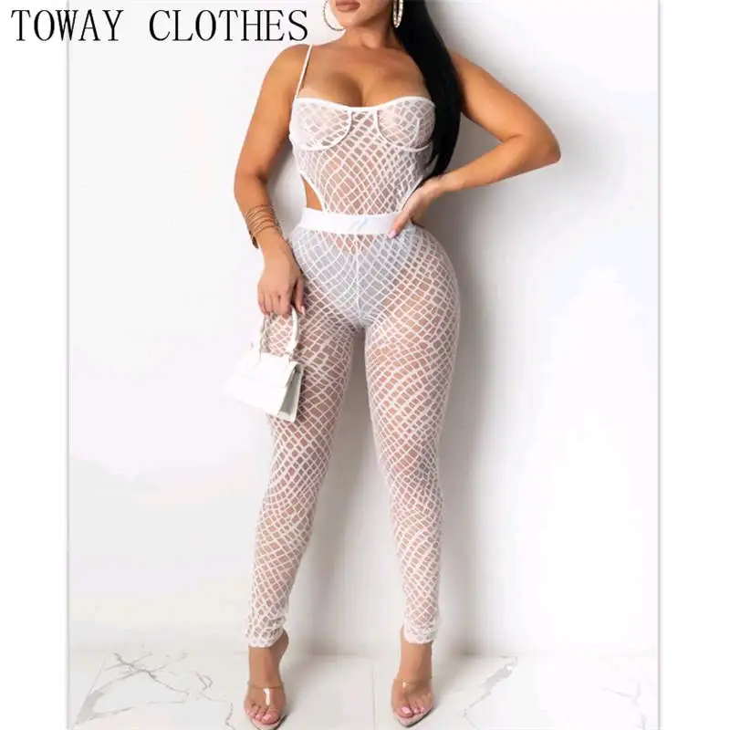 

Summer Women Sexy Sleeveless V-Neck Solid Color Fishnet Cut-out Sling Skinny Jumpsuit One Piece