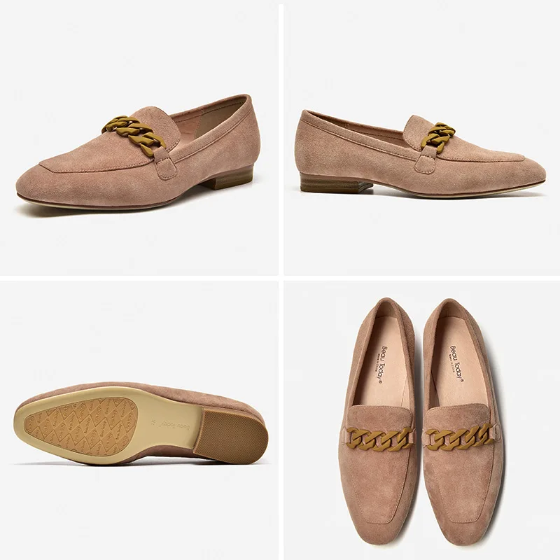 BeauToday de ante con punta cuadrada para mujer, zapatos planos con cadena Metal, elegantes, sin cordones, hechos a mano, 27401|Zapatos mujer| - AliExpress