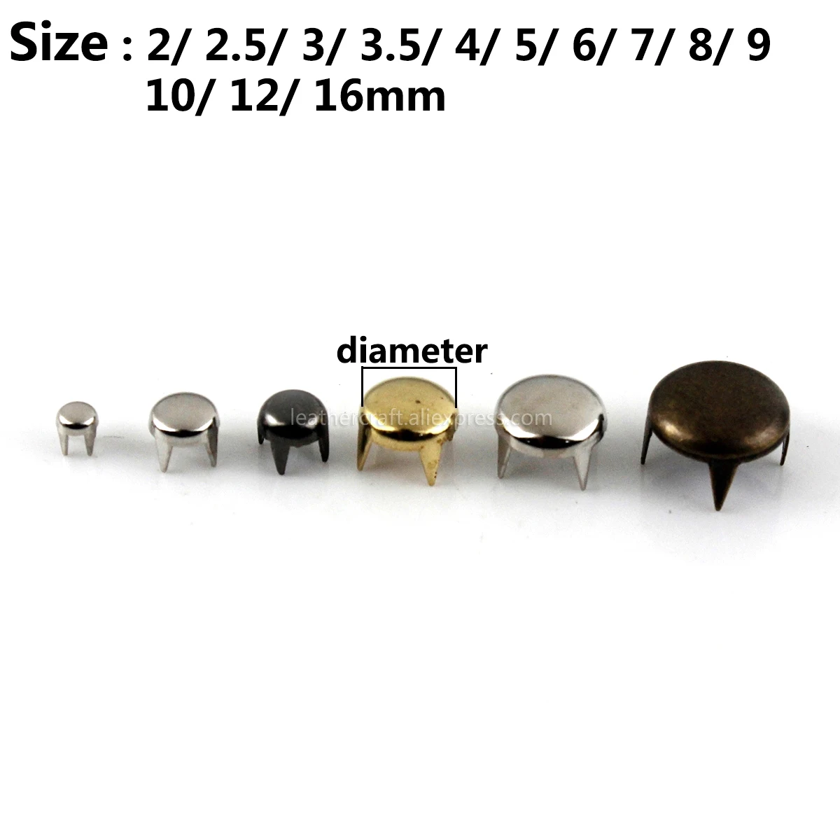 Description Picture 2 of item100sets 2-6mm Metal Round Cap Claw Rivets Studs Leather Craft Bag Belt Garment Shoes Collar Decor Accessories 13 Sizes