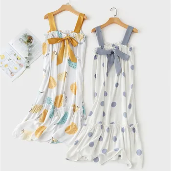 

Nightdress Women's Fresh Printed Bow Decor Female Night Gown Cotton Night Dress for Home Wear Plus Size Nightgowns for Summer