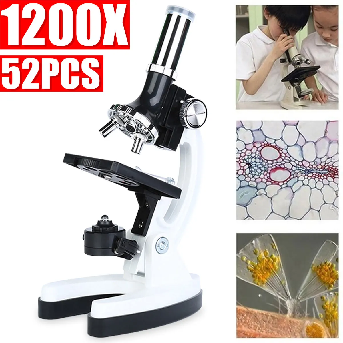 

Aluminum Alloy Microscope Kit Lab LED 300X 600x 1200x Home School Science Educational Toy Gift Refined Biological Microscope