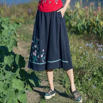 

юбки женские 2020 юбка летняя женская women vintage design long white navy blue floral embroidery skirt plus size women skirts