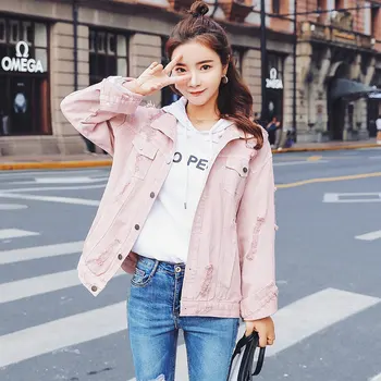 

2020 Autumn Pink Denim Jackets For Women Lapel Long Sleeve Single Breasted Hole Loose Jacket Casual Clothes New Jacket Women