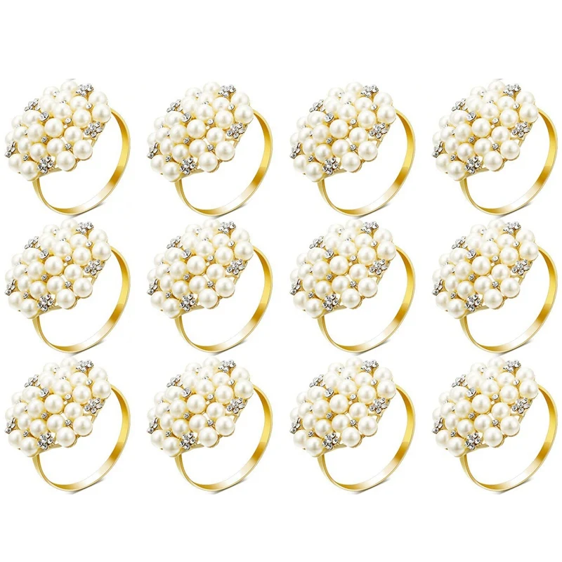 12 Pcs Set Pearl Round Flower Napkin Buckle Rhinestone Holder Suitable For Wedding Banquet Family Party Kitchen |