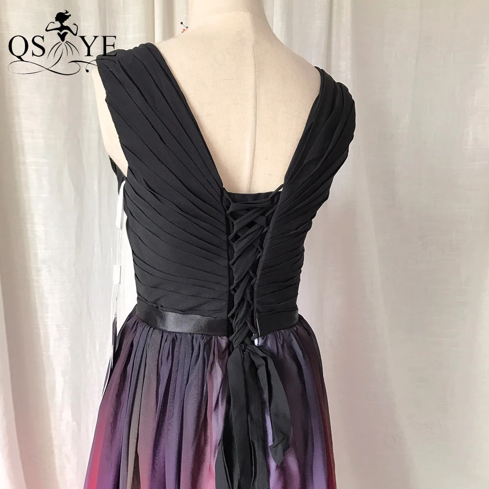 Colorful Fading Chiffon Prom Dress V Neck Black Evening Gown Lace up Party Gown Tiny Belt Ruched Sleeveless Women Formal Dress pretty prom dresses