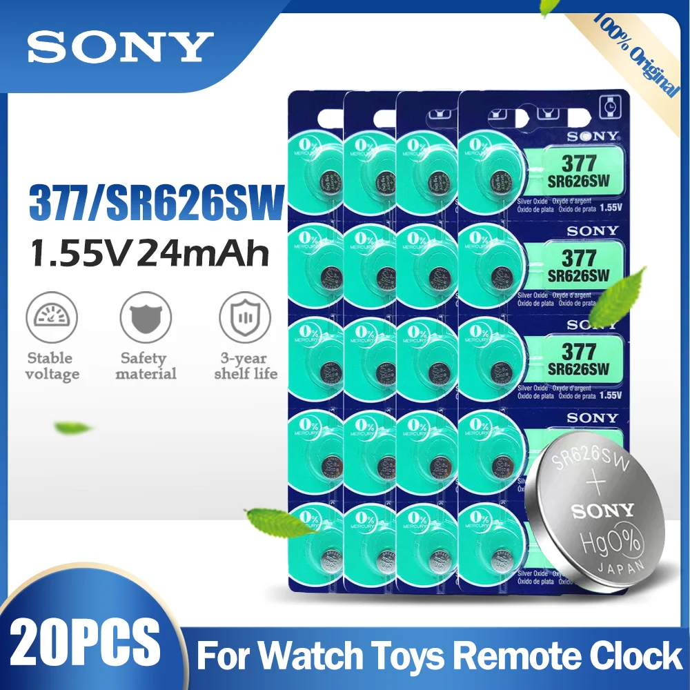 20 uds SONY 377 377A SR626SW AG4 SR626 LR66 LR626 AG 4 1,55 V de la batería óxido de plata para reloj de juguete de control remoto coche botón pila de moneda