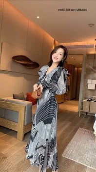 

Women's New 2020 striped v-neck ruffled sun protection long sleeve waist slimming dress
