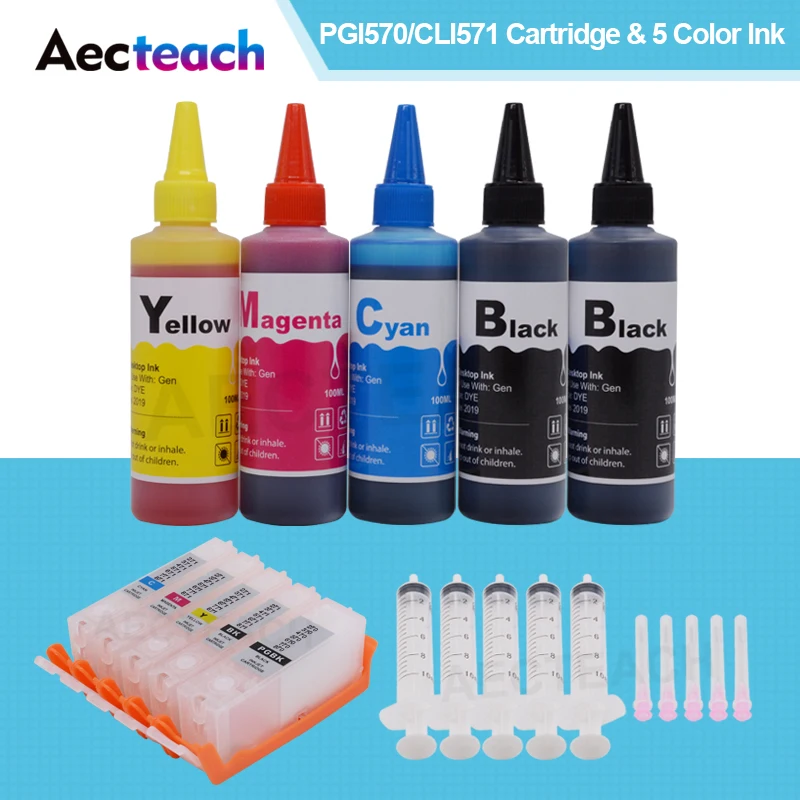 Aecteach PGI 570 CLI 571 Refillable Ink Cartridge For Canon PIXMA MG5750 MG5751 MG5752-Silver Printer+ 500ml Refill Dye | Компьютеры и