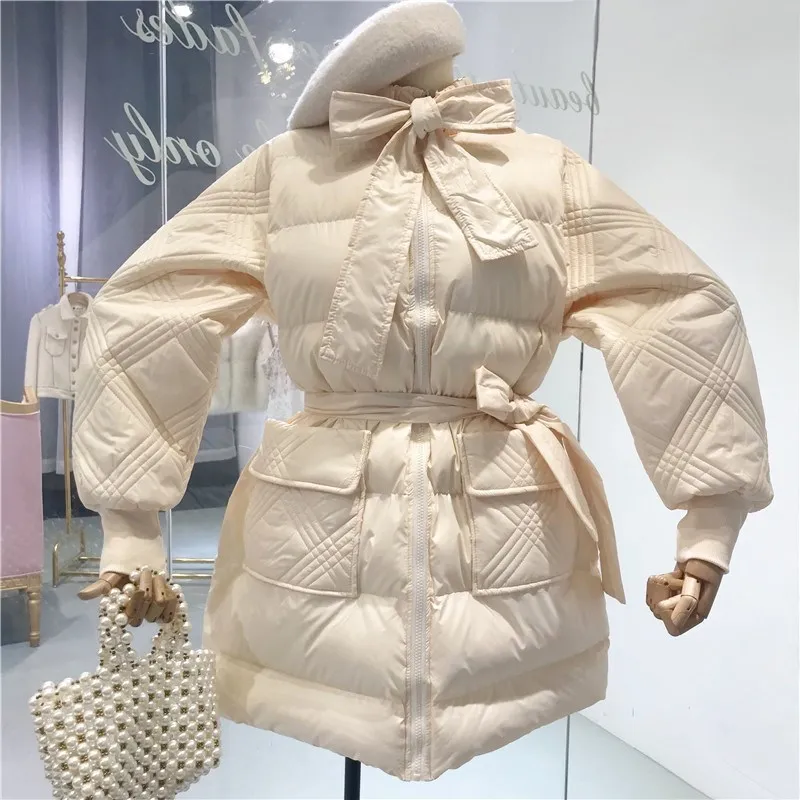 

2019 Winter Black Bow Full Sleeve Turtleneck Collar Zipper A-line Medium Length Cotton Coat Women