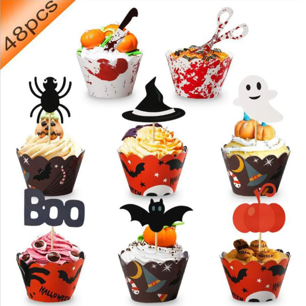 24/48pcs Halloween Cupcake Decorations Cupcake Wrapper Cupcake Toppers Liner Muffin Cases Spider Ghost Party Supplies Favors
