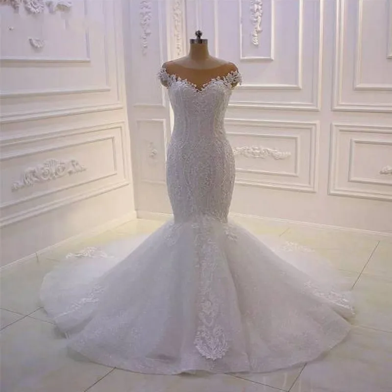 ^Cheap 2020 Bridal Jurken Mermaid Gorgeous Vestidos Noiva Saudi Arabian Trouwjurk Applicaties Lange Jurk Sheer Hals
