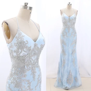 

MACloth Sky Blue Sheath Strap Floor-Length Long Crystal Tulle Prom Dresses Dress M 269149 Clearance