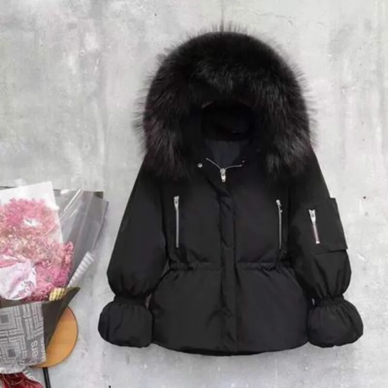 Новая Корейская версия восточных ворот с завязками на талии, большой меховой воротник, толстый пуховик, Женское зимнее пальто средней длины