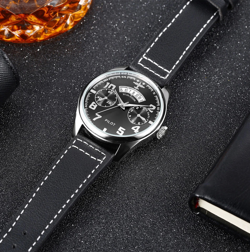 Airplane Sports Military Blue Dial Pilot Calendar Men Wristwatch Chronograph Fashion Casual Brand Army Brown Leather Watches