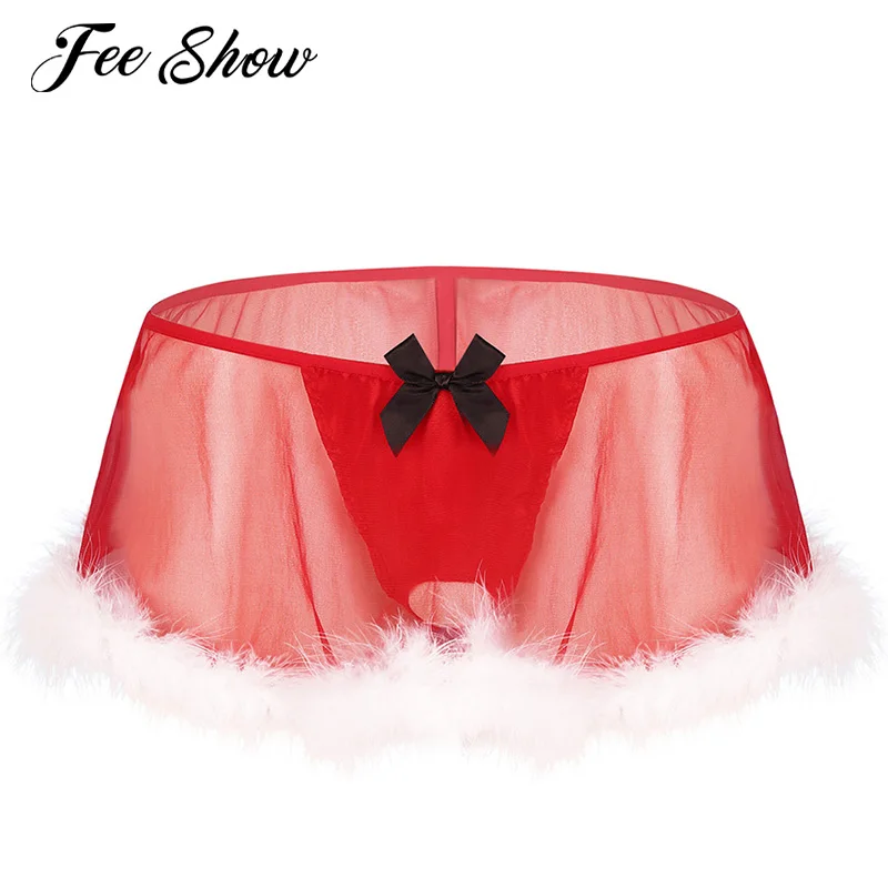 Mens Sissy Christmas Panties Underwear Costumes See Through Sheer Lingerie Erotic Sexy Briefs