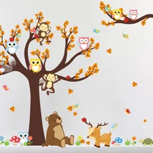 Милый мультфильм лес ветка дерево животное сова обезьяна медведь олень настенные наклейки комнаты мальчики девочки дети спальня домашний декор