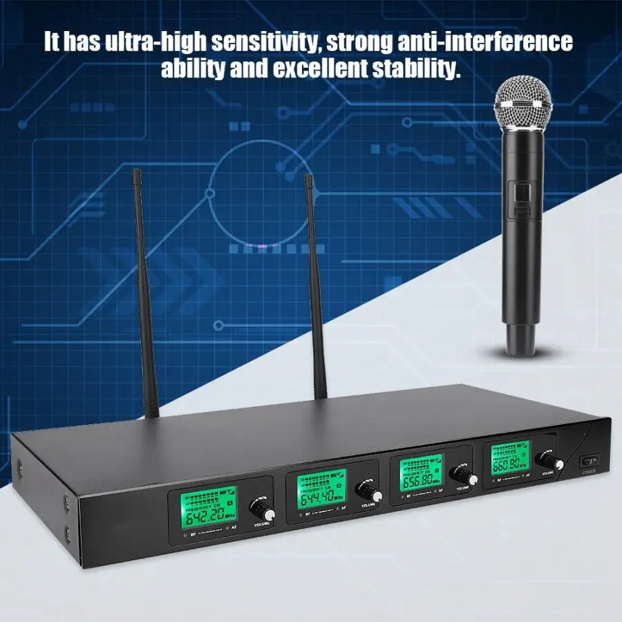 Конденсаторный микрофон беспроводной UHF 621,5 МГц-643,7 МГц Ручной 4 канала микрофон для конференц-конференции 100-240 В Microfono