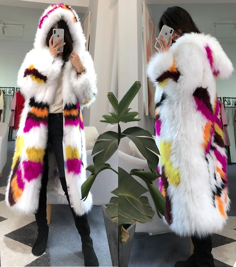women fur coat with hood real fox fur knitted jacket long (7)