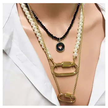 

2019 Hip Hop Multi-layer Imitation Irregular Pearls Chain Metal Beads Line Lock Chain Necklace for Women Jewelry