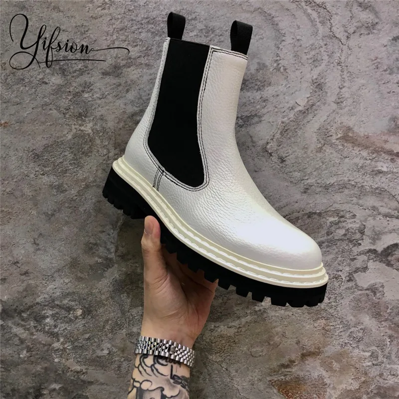 

OLOME New Fashion Black Runway Genuine Leather Women Boots Round Toe Slip On Chunky Heel Autumn Winter Ankle Boots Shoes Woman