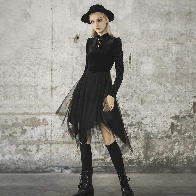 

PUNK RAVE New Girl's Punk Black Long Sleeveless Dress Retro Velvet Irregular Mesh Gothic Party Dress