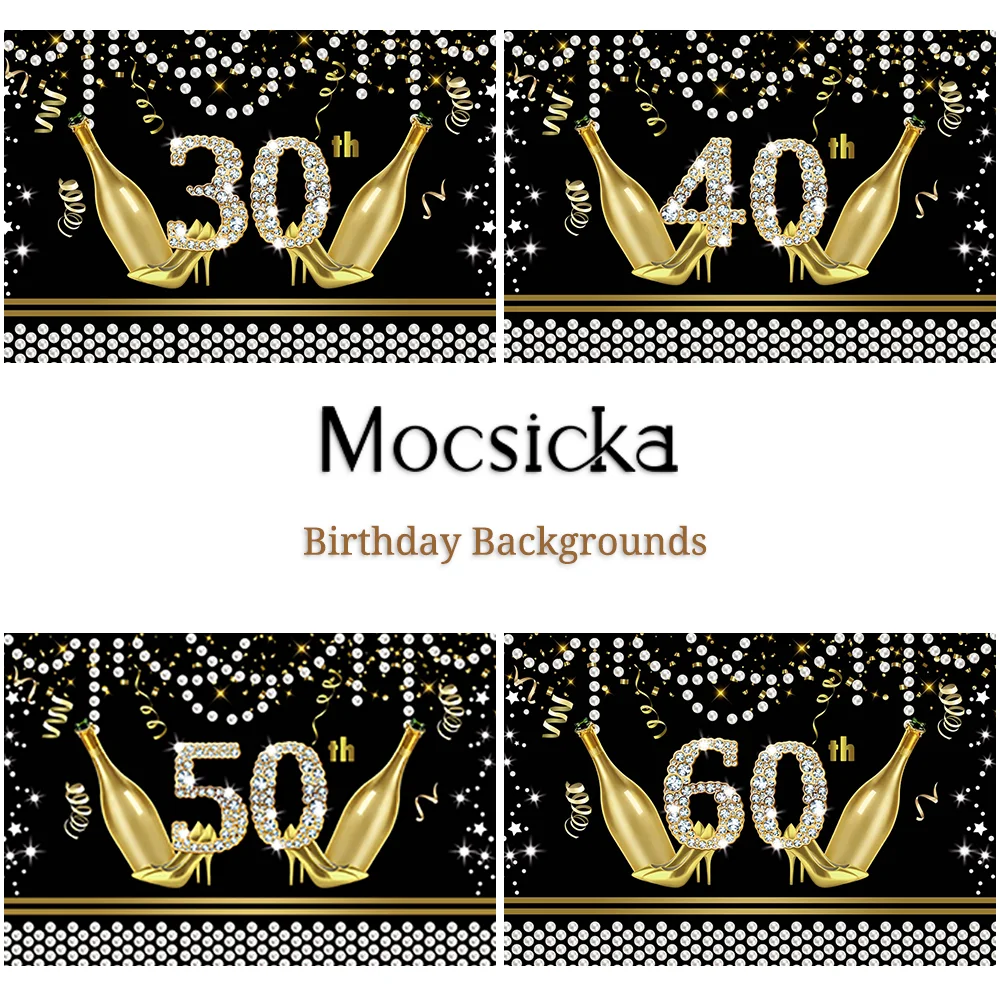 

Mocsicka Happy Birthday Backdrop Glitter Champagne Pearl Birthday Party Decor Photography Background Black Birthday Banner Props