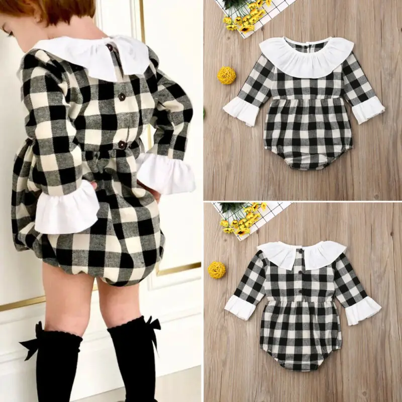 

Toddler Infant Baby Girl Clothes Ruffle Long Flared Sleeve Romper Jumpsuit Plaids Playsuit Outfit Summer Clothes