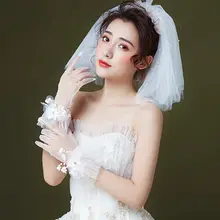 Для женщин Свадебные сетчатые перчатки металлическая проволока белый цветок ручной работы из бисера слоистых оборками полный палец варежки вечерний костюм