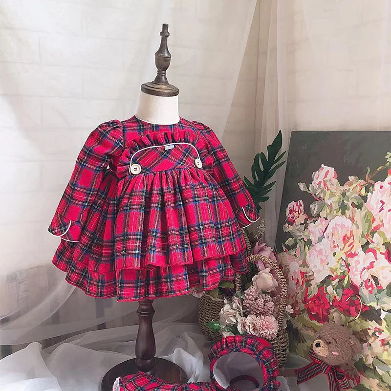 Розничная, рождественское винтажное платье в клетку для девочек роскошное детское испанское платье принцессы с длинными рукавами детская одежда в английском стиле - Цвет: as picture