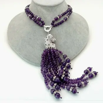 

22" 2 Rows Natural Purple A1methyst Necklace cz pave tassel Pendant