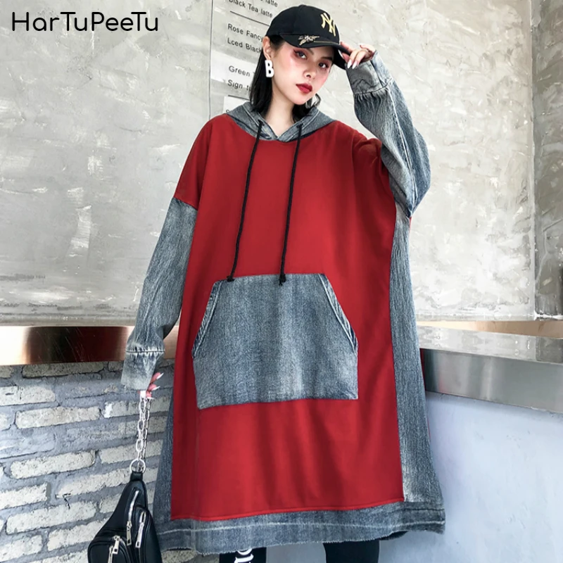 

Jeans Jacket Oversize Women Plus Size Hooded Denim Coat 2020 Spring Summer Patchwork Cotton Girls Loose Casual Red Black Outwear