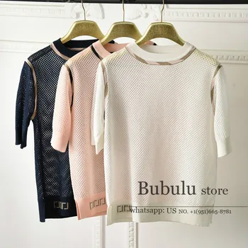 

HIGH END Knitted short sleeve T-shirt Woman Letter jacquard tops sheer tshirts O-neck Female Tee shirt graphic t shirts tee S-L