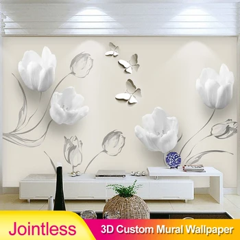 

Jointless Custom Mural Wallpaper Modern 3D Stereo Tulip Butterfly Floral Wall Painting Fashion Living Room Background Home Decor