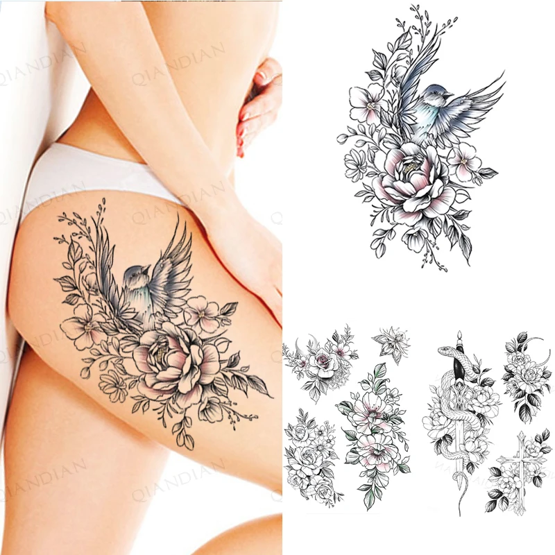 Черные водостойкие временные татуировки в виде цветка розы птица змея