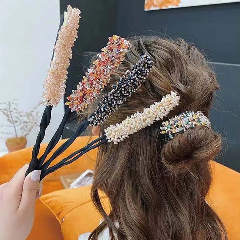 

Women Flower Donut Bun Maker Crystal Ribbon DIY Hair Style Making Tools Korean Fashion Style Hair Curler Accessories