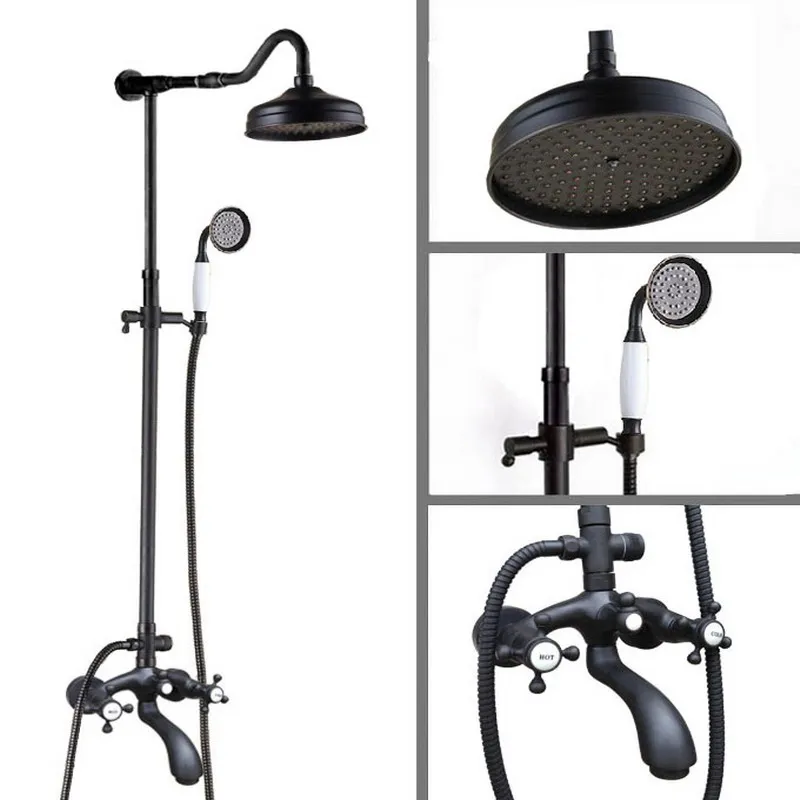

Brass Wall Mounted Black Oil Rubbed Bronze Bathroom Rain Shower Faucet Set Bath Tub Hot Cold Mixer Tap Dual Cross Handles ahg614