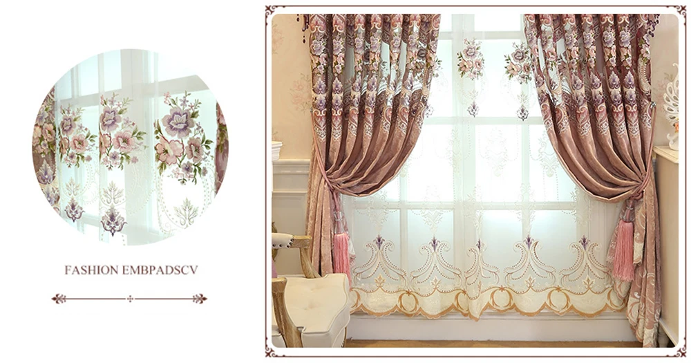 Pink High-end Curtains for Living Room Blue Peony Embroidery Chenille Luxury European Jacquard Floral Window Treatment Drapes