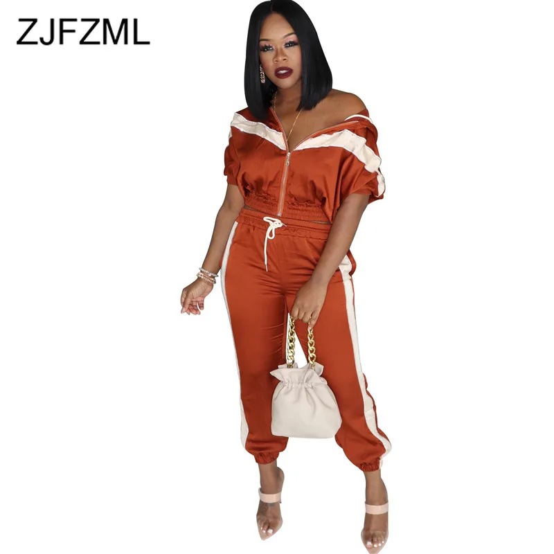 

Color Block Splice Two Piece Tracksuit Women Clothes Half Sleeve Hooded Crop Coat And Drawstring Bodycon Pant Plus Size Outfit