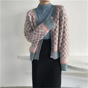 

2020 New Sweater Ins Hot Korean Style Arygle Vintage Cardigans For Ladies V-neck Single Breasted Oversize Comfort Sweater Tops