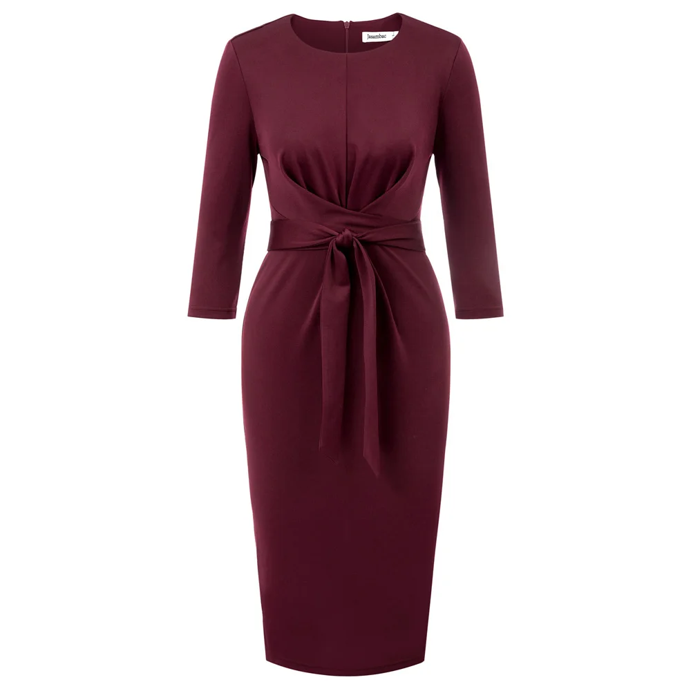 

Women's Belt Decorated office OL work Pencil Dress 3/4 Sleeve Crew Neck Hips-Wrapped elegant dress