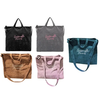 

Women Corduroy Canvas Casual Shoulder Bag Shopping Bag Crossbody Fashion Retro Literary Embroidery Letter Handbag