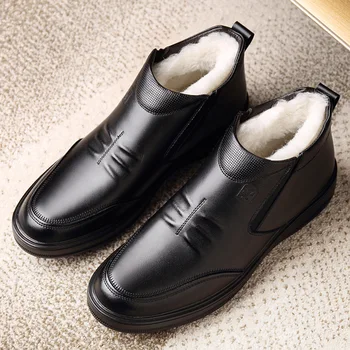 

Winter Genuine Leather Men's White Sheep Fur Boots British Style Warm Casual High Top Cotton Shoes Wool Blend Side Zip Shoes 362