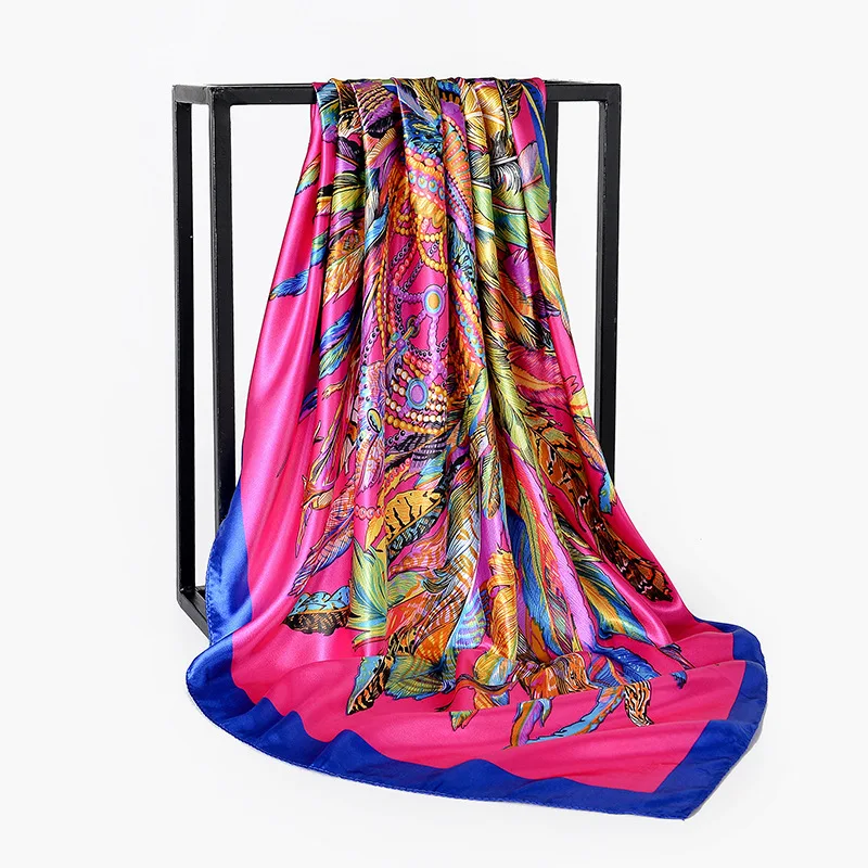 

90 Cm * 90 Cm New Style Scarf Oil Painting Mixed Colors Printed Feather Crown Women's Silk Scarves Bandana FJ138