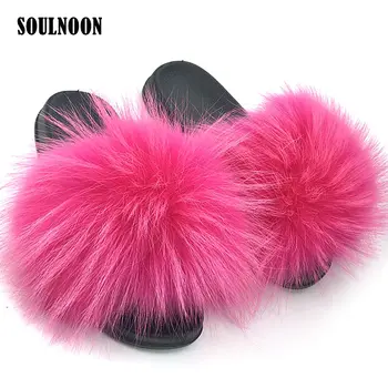 

New Women Real Fur Slippers Ladies Fluffy Fox Fur Flip Flops Casual Plush Furry Home Slides Woman's Indoor Warm Furry Slippers